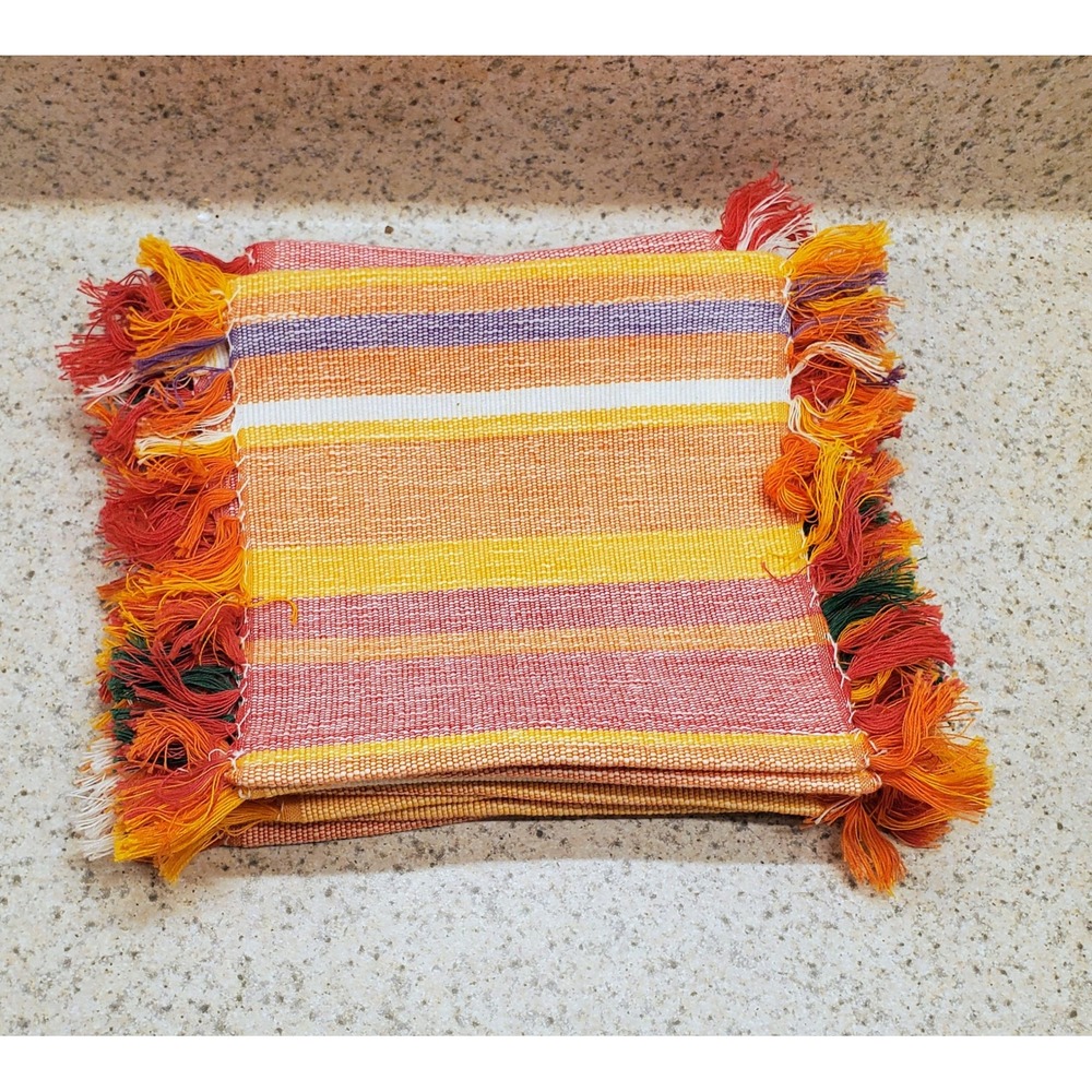 Time to Celebrate Mug Rug Coasters Set of 4 Multicolor Cotton Excellent Fringe - Picture 4 of 10